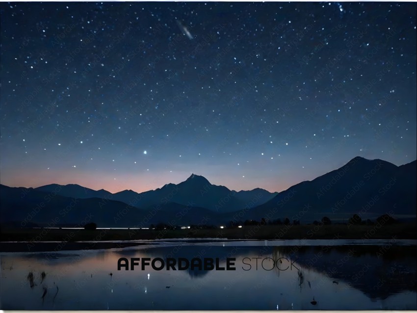 A nighttime view of a mountain range with a shooting star