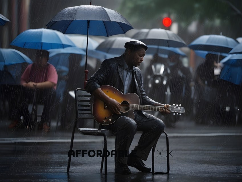 A man playing guitar under an umbrella in the rain
