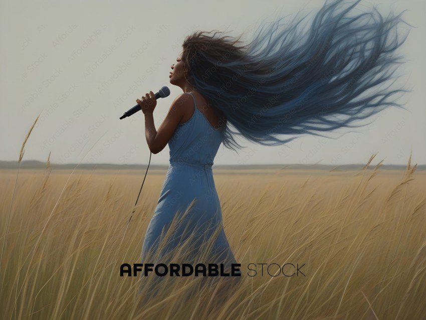 A woman with long hair sings in a field of tall grass