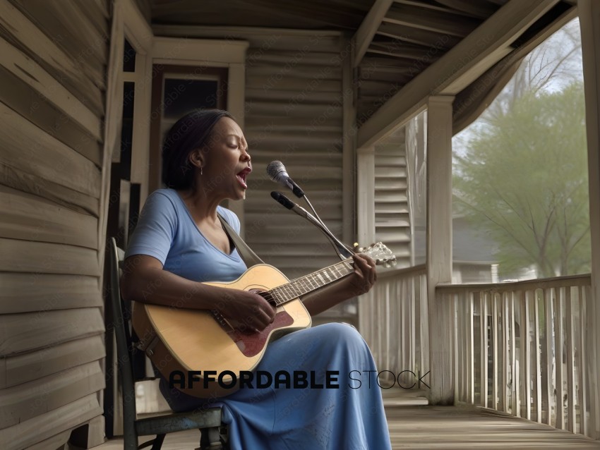 A woman playing a guitar on a porch