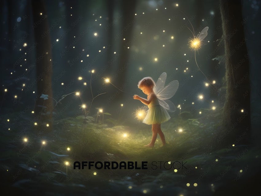A fairy in a forest with a glowing light