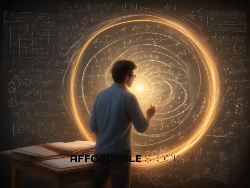 A man in a blue shirt is looking at a chalkboard with mathematical equations