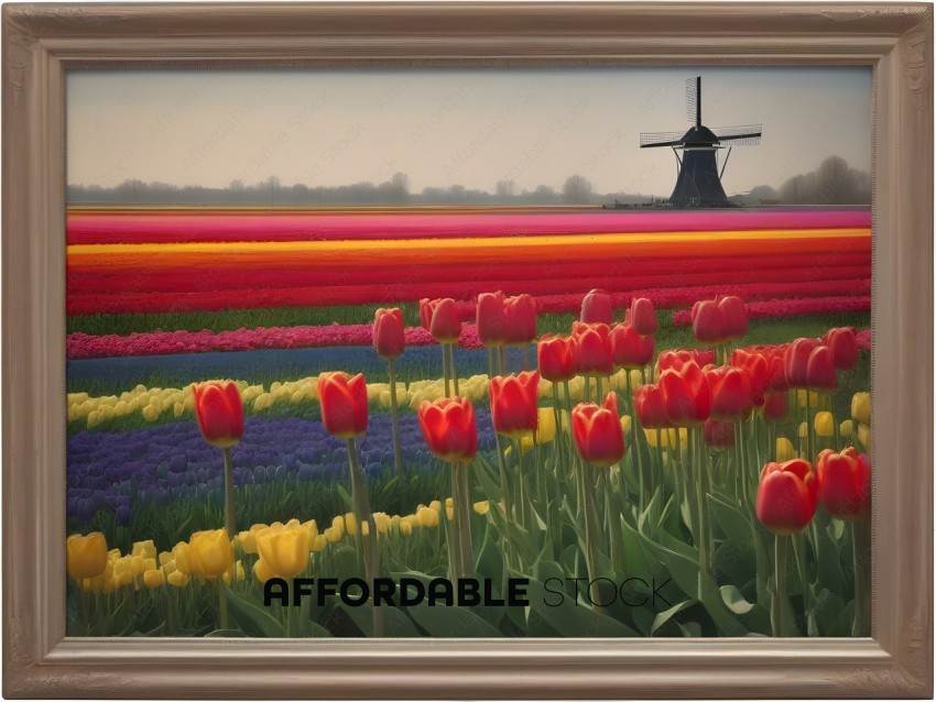 A field of flowers with a windmill in the background