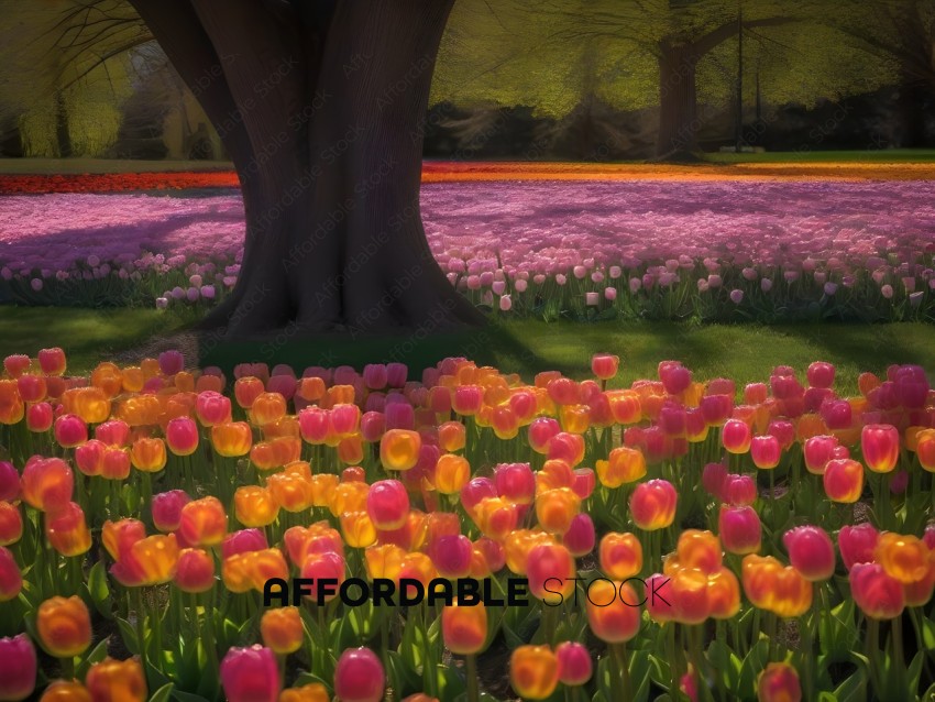 A field of tulips with a tree in the background