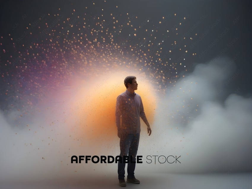 A man standing in front of a cloud of lights