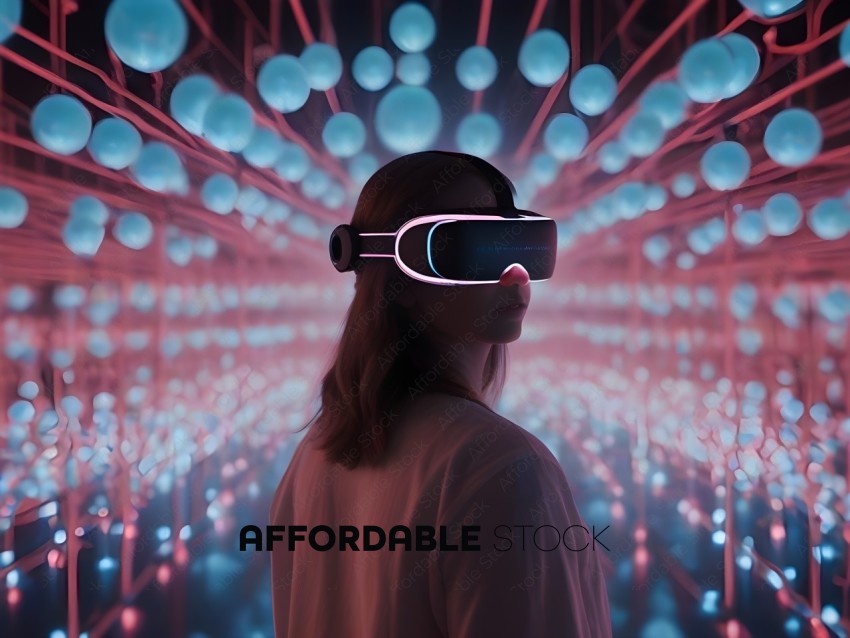 A woman wearing a VR headset in a neon lit room