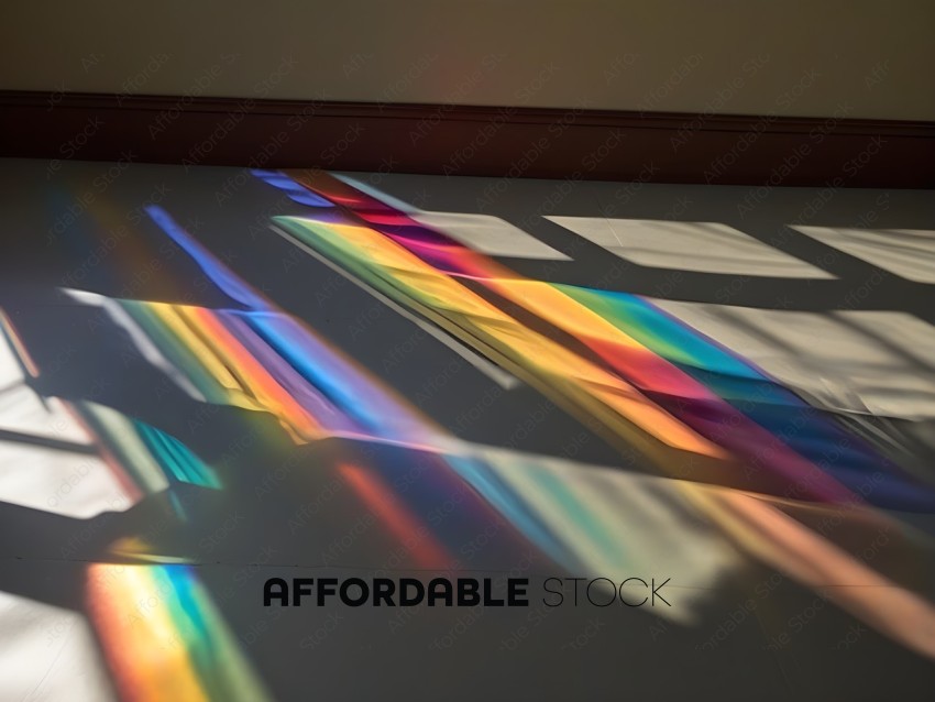 A rainbow colored light shines through a window