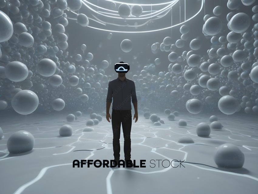 Man in VR headset standing in a room full of spheres