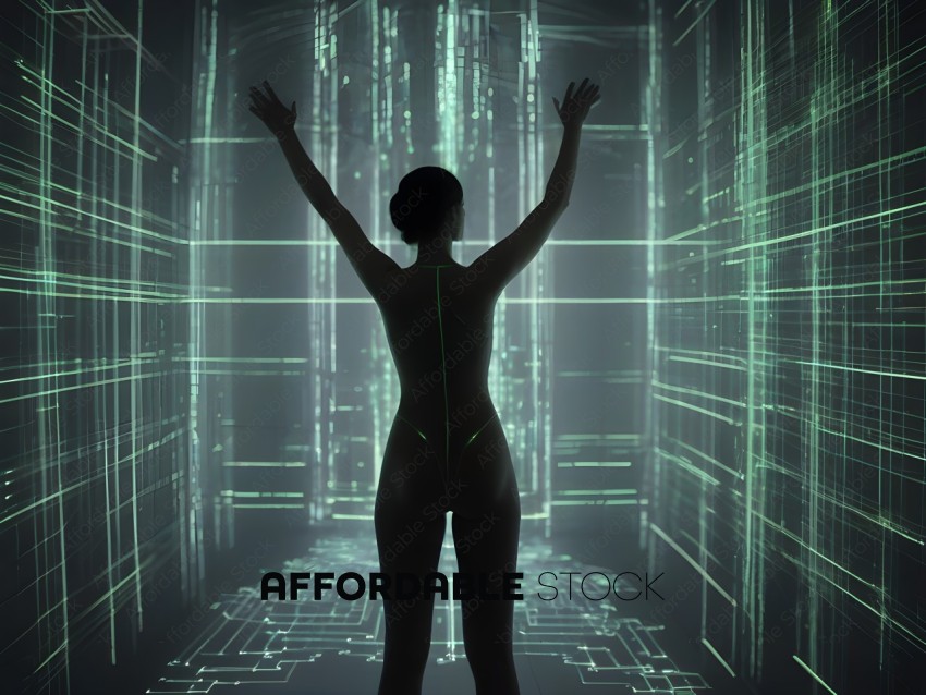 A woman in a futuristic outfit stands in front of a green screen