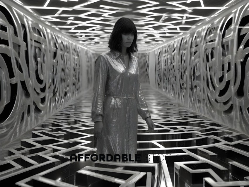 A woman in a silver dress stands in a hallway with a patterned floor