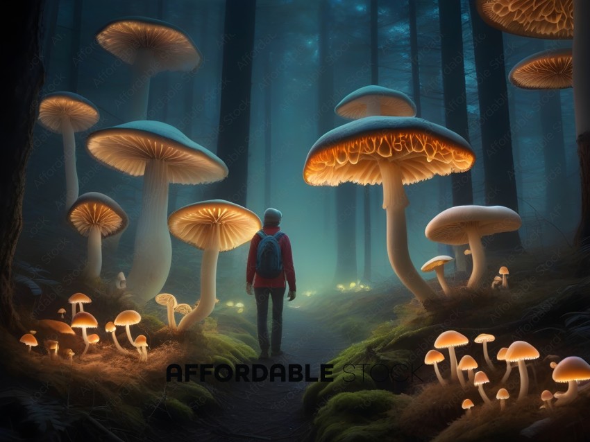 A person walking through a forest of mushrooms