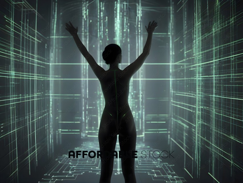 A woman in a futuristic outfit stands in front of a green, glowing backdrop