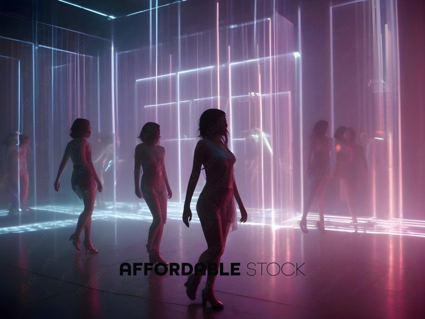 A group of women in a neon lit room