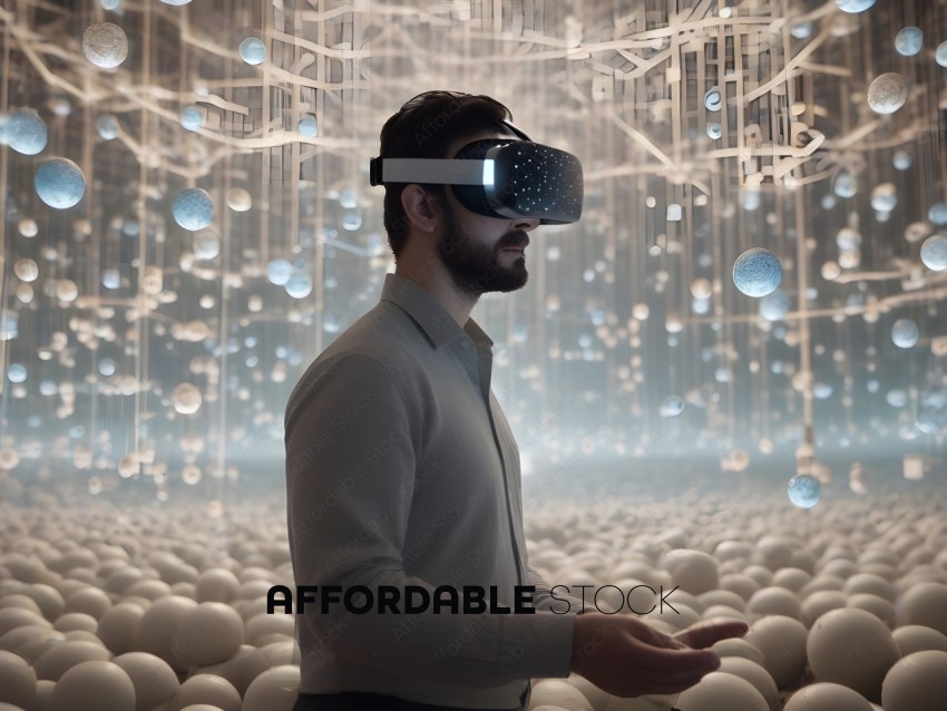 Man wearing a VR headset in a room full of spheres