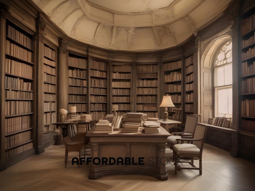 A large room with a wooden desk and many books