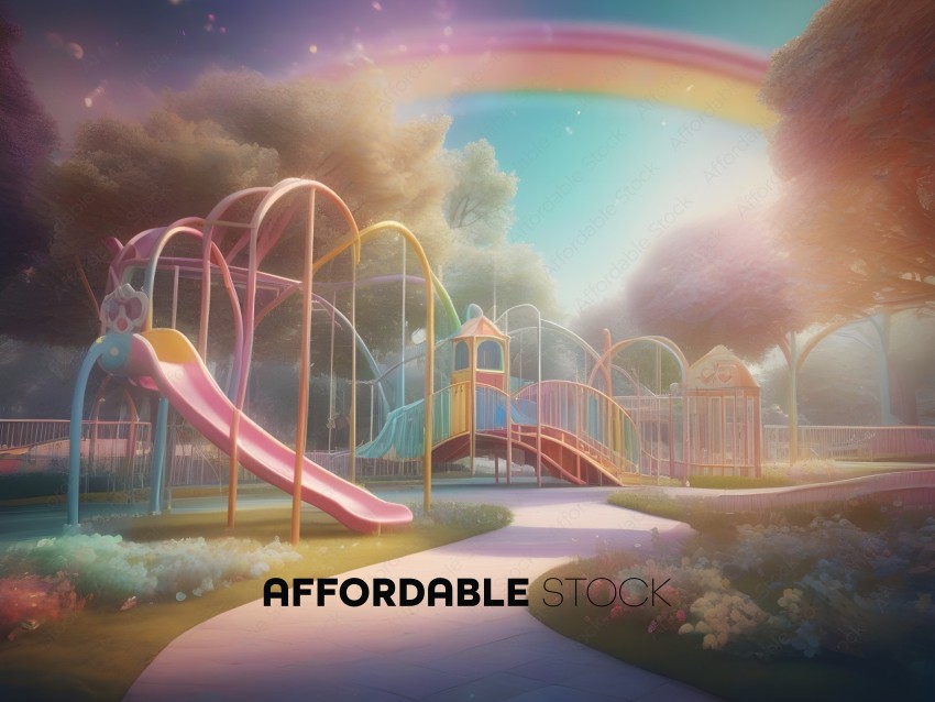 A colorful playground with a rainbow slide