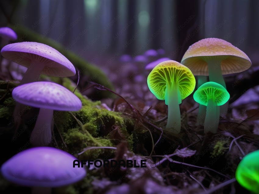 A group of mushrooms with a glowing green cap
