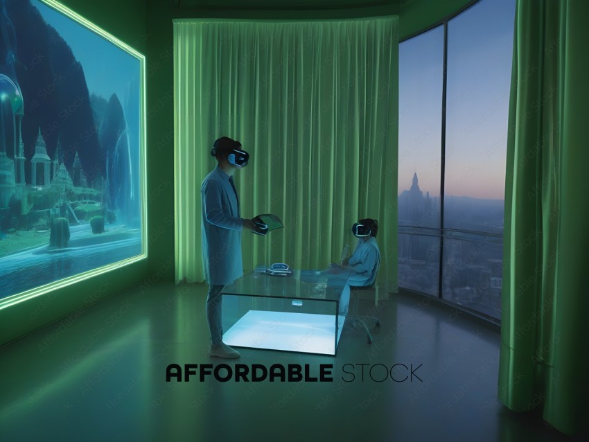 Two men wearing virtual reality headsets in a room with a cityscape in the background
