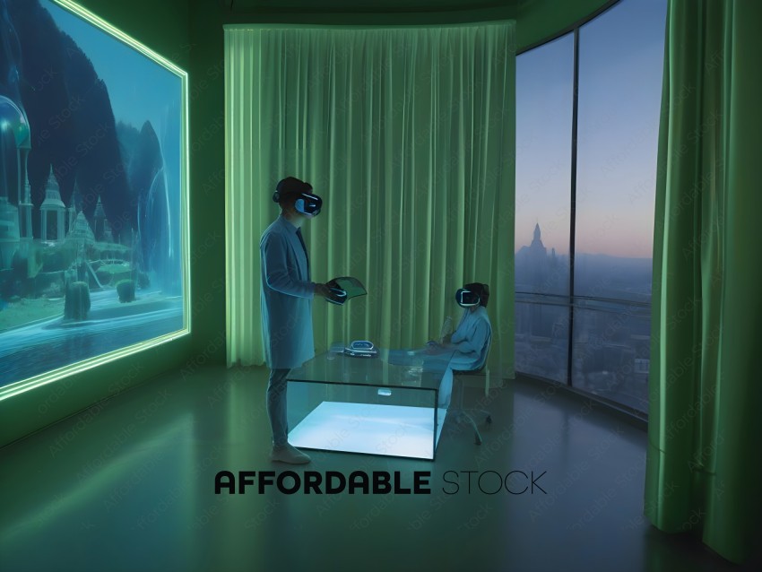 Two men wearing virtual reality headsets are in a room with a cityscape in the background