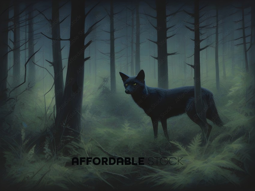 A black wolf in a forest