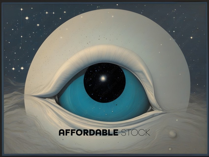 A painting of a blue eye with stars in the background