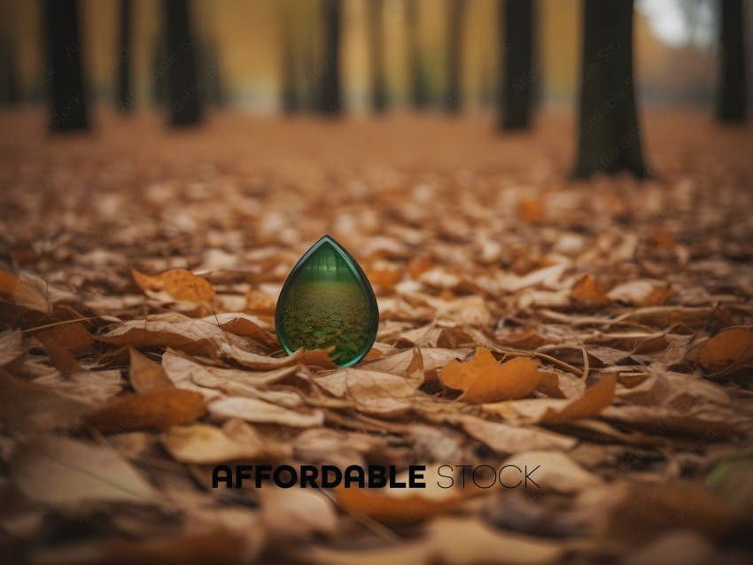 A green leaf sits on a bed of leaves