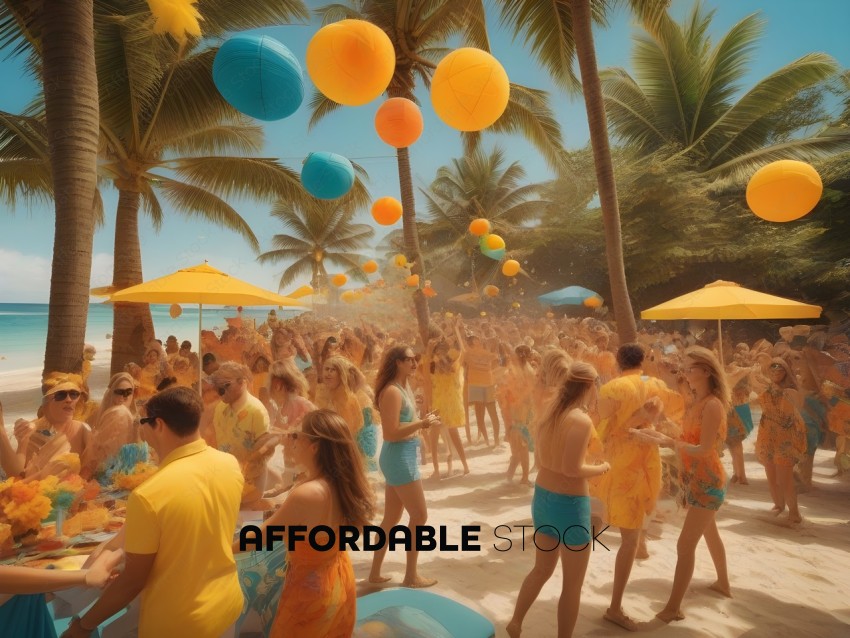 A party on the beach with many people and balloons