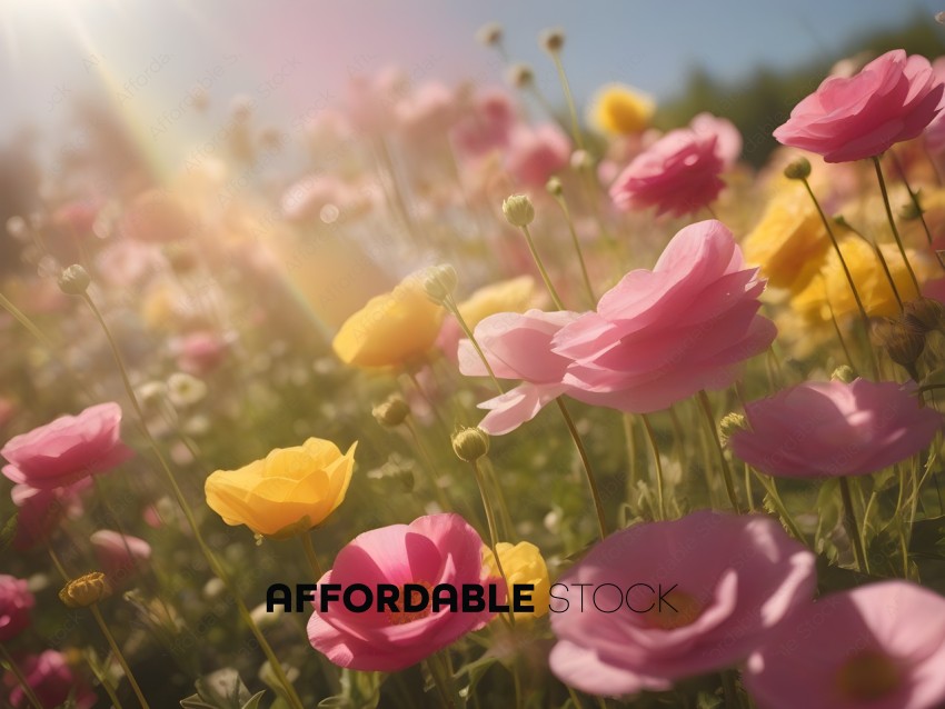 Pink and Yellow Flowers in a Sunny Field