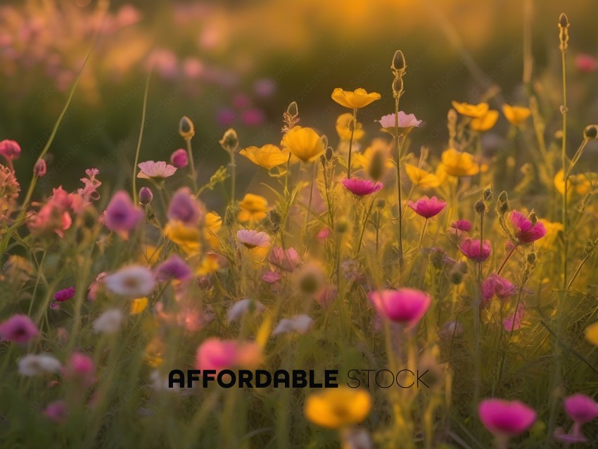 A field of flowers with yellow and pink flowers