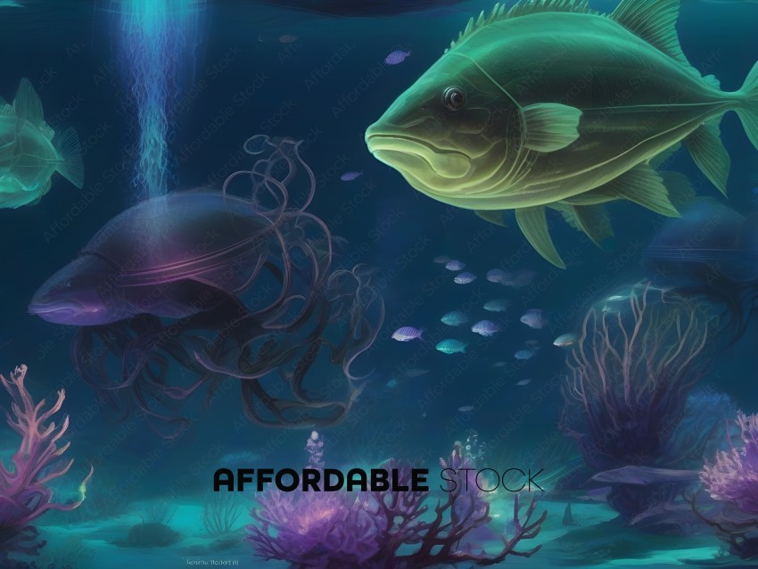 A colorful underwater scene with a fish and sea creatures