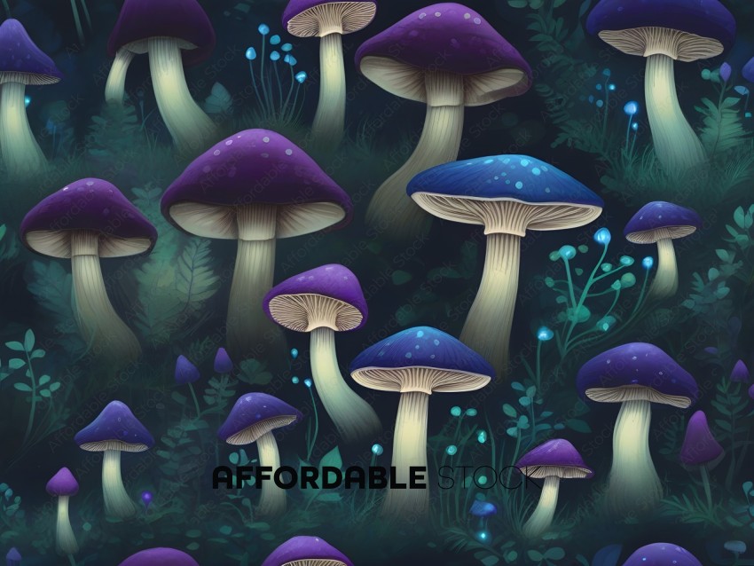 A group of mushrooms with blue lights