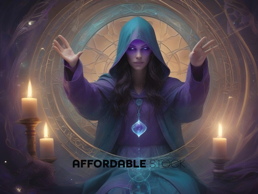 A woman in a purple robe with a hood and a blue crystal in front of her