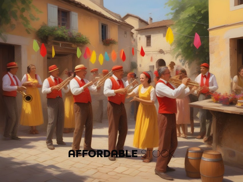 A group of people playing instruments in a village