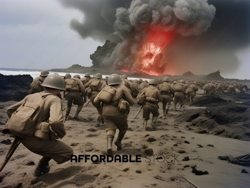 Soldiers on the beach, facing a volcano