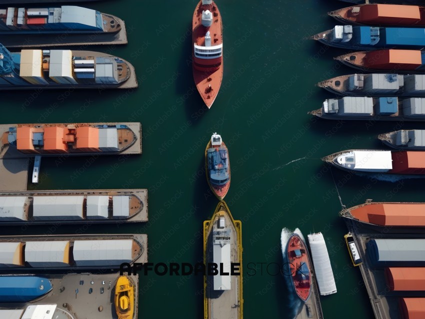 Boats in a harbor with a yellow boat in the middle