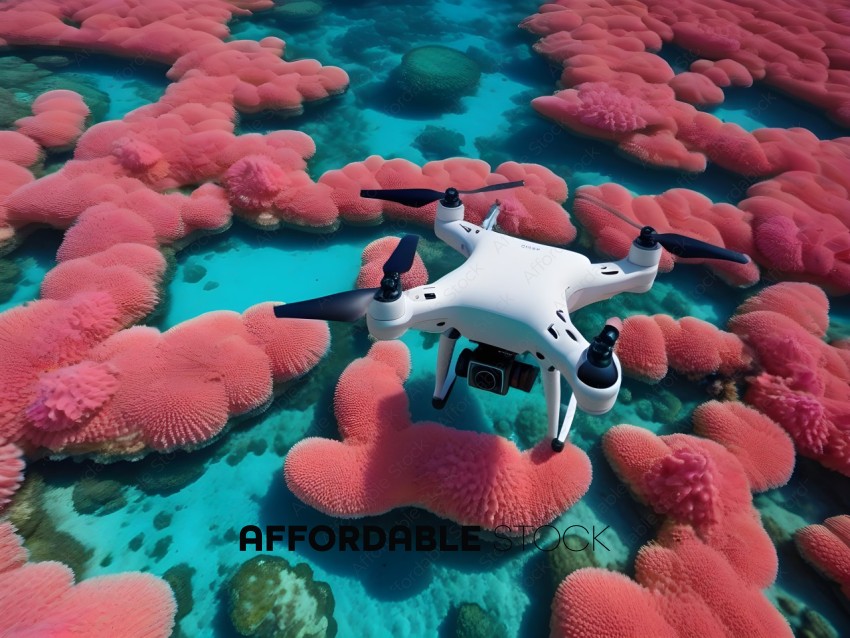 A white drone flying over a coral reef