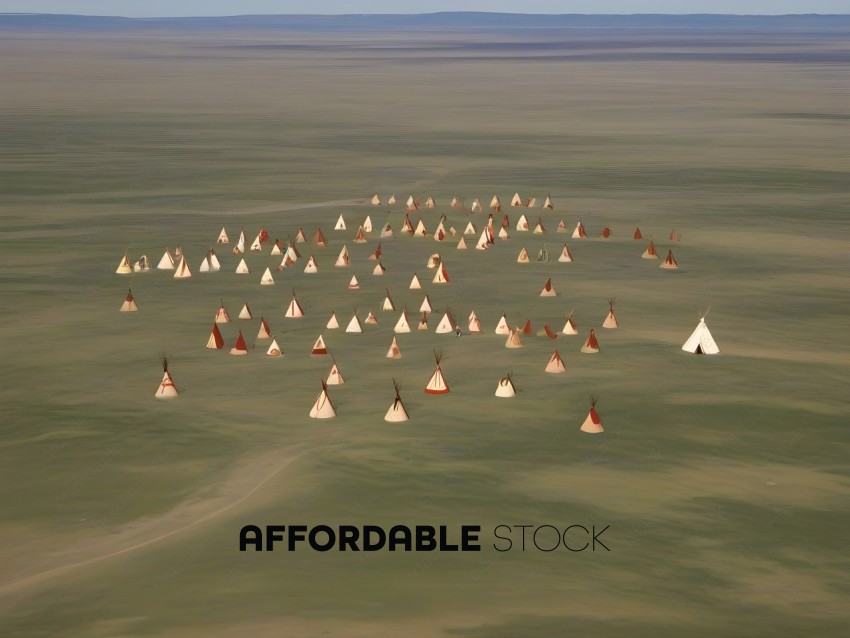 A large group of teepees in a field