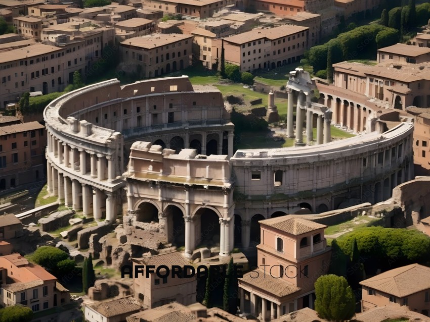An aerial view of ancient Rome, including the Colosseum and other buildings