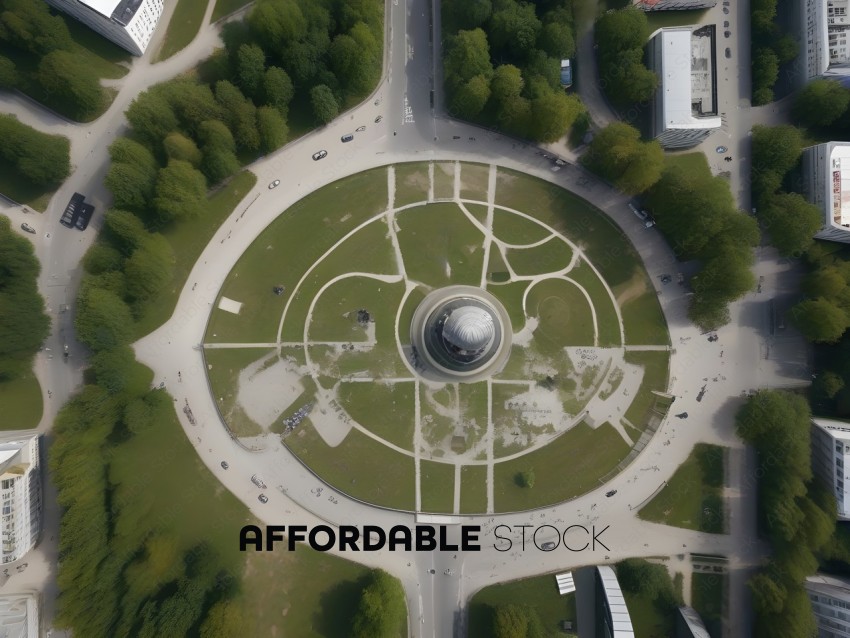 A large circular park with a dome in the middle