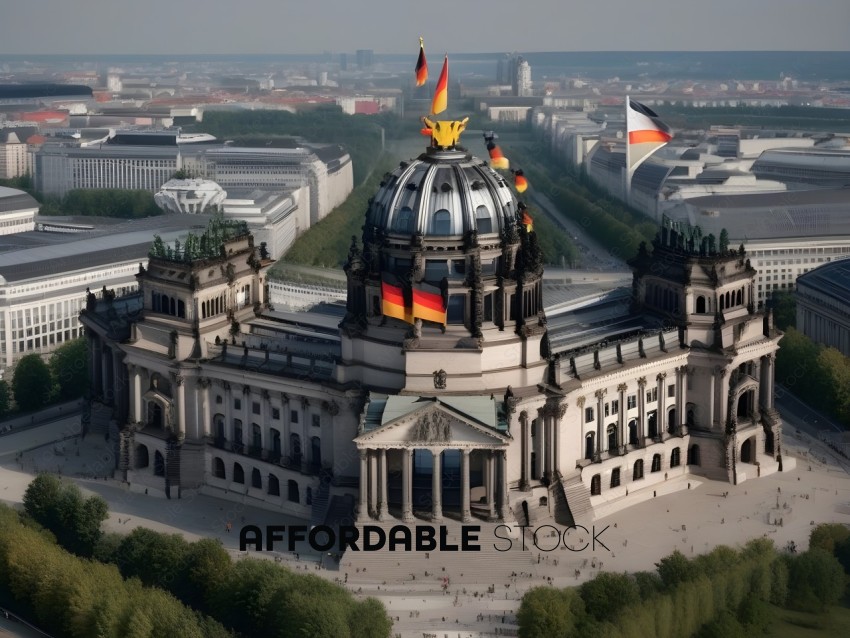 A large building with a dome and flags