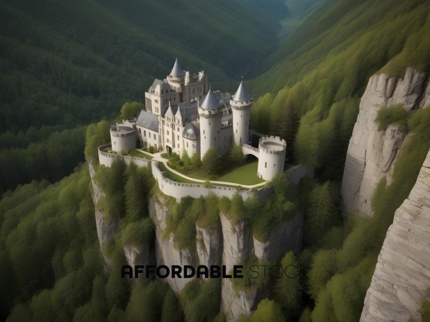 A castle on a cliff overlooking a valley