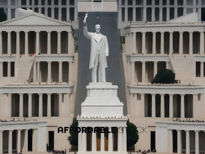 A statue of Abraham Lincoln in front of a white building