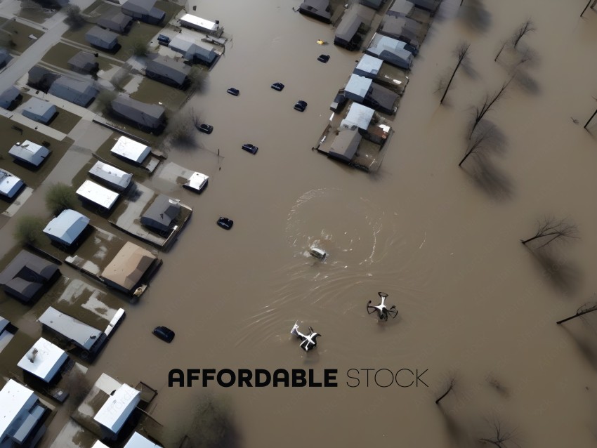 Flooded neighborhood with two drones