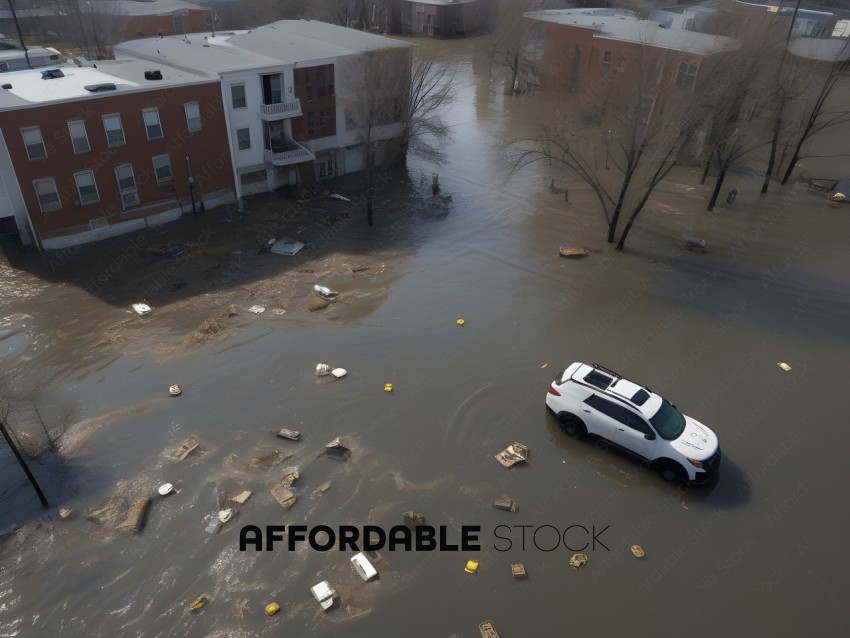 A white car is stuck in a flooded area