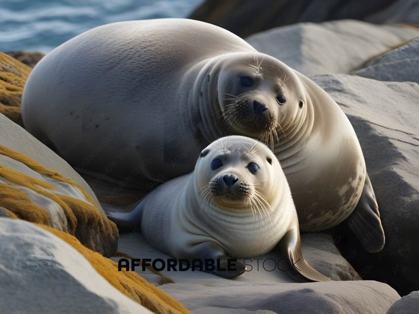 Two seals resting on rocks