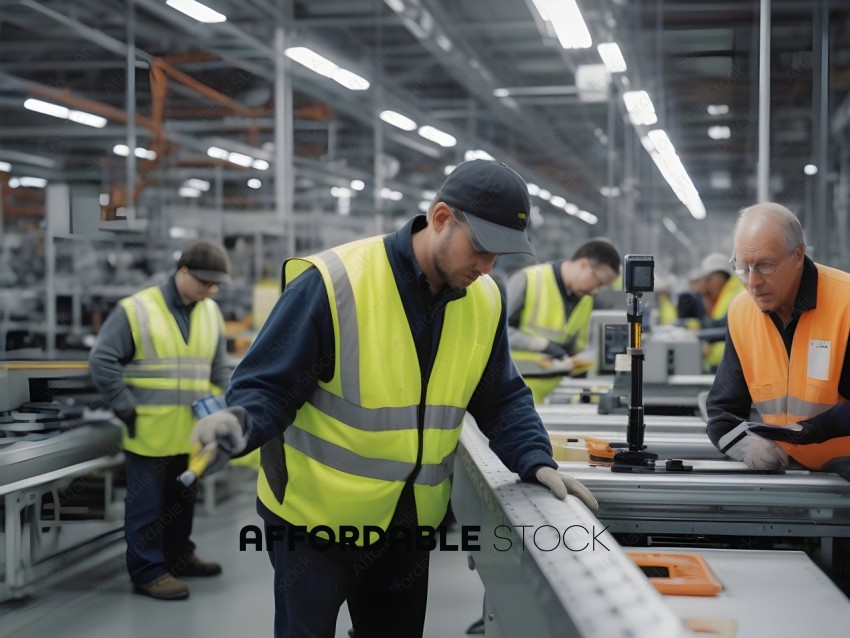 Workers in a factory wearing safety vests