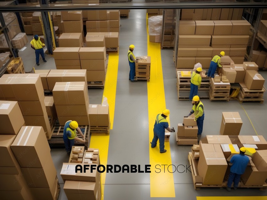 Workers in a warehouse setting, moving boxes