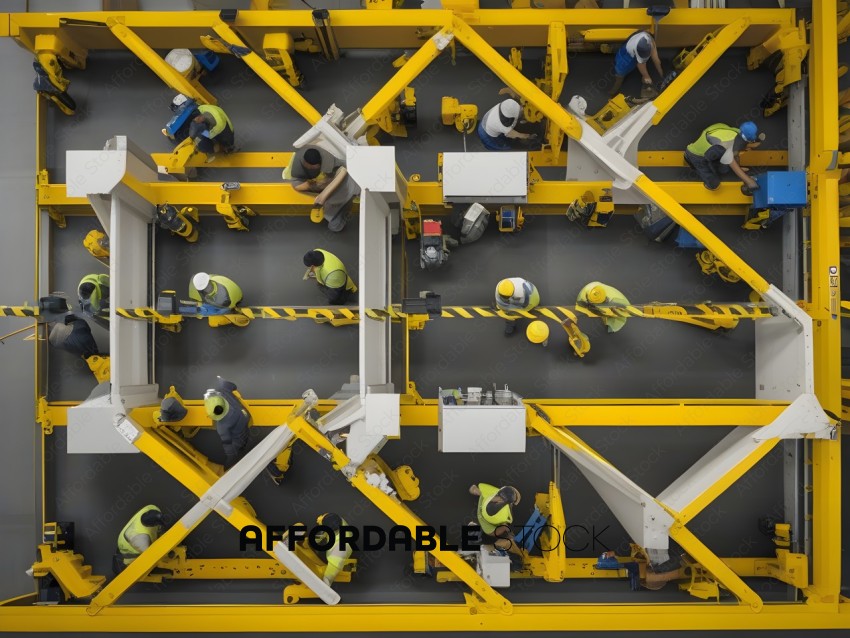 Construction workers working on a yellow metal frame