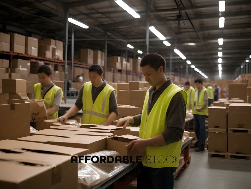 Workers in a warehouse setting, handling cardboard boxes