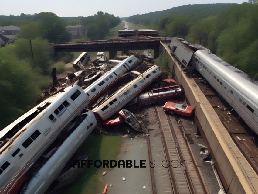Train wreckage on railroad tracks